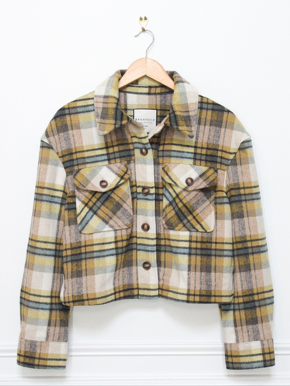Green Plaid Shacket Size M Button Front Cropped Boxy Shirt Jacket Fall